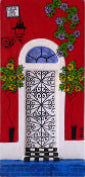 Decorative tile with a stylized door, flowers, and a red background